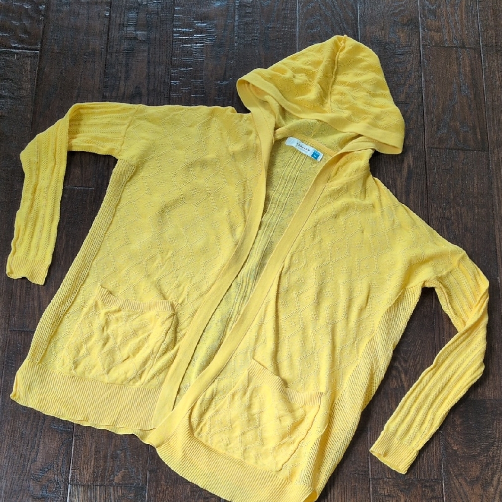 ANTHRO I Yellow Lightweight Knit Hooded Open Cardigan Sweater by Sparrow, M - Picture 2 of 12